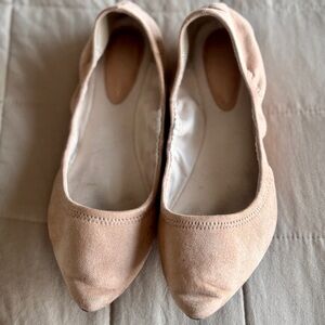 BCBGeneration tan faux suede pointy flats good preowned condition- size 8